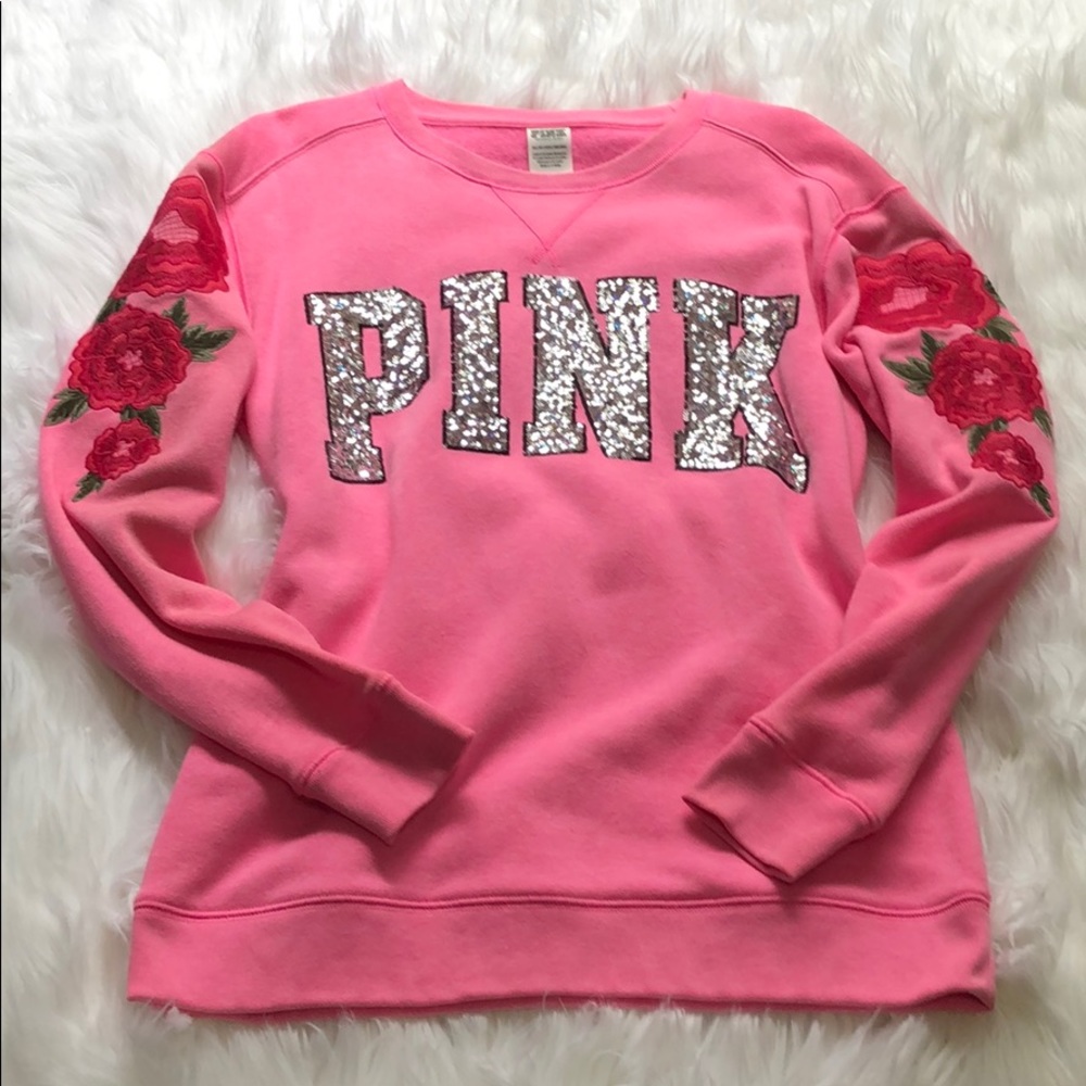 VS PINK • Rose Embroidery and Sequin Fleece Top